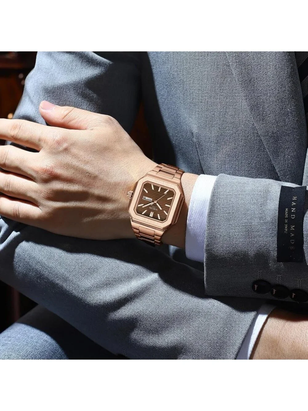 Men's Rose Brown Square Analog Quartz Stainless Steel  Waterproof Wrist Watch